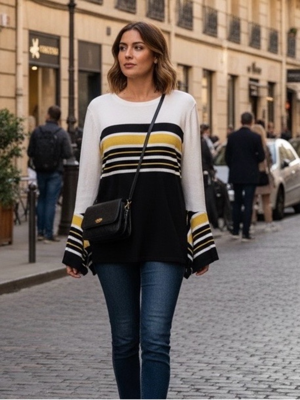 Melissa Paige Women's Knit Sweater Striped Bell Shaped Cuffs Rayon Blend Sz PL